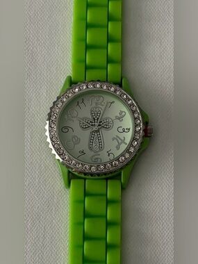 ⌚️$8 Geneva Lime Green Crystal Accent Cross Silicone Strap Watch